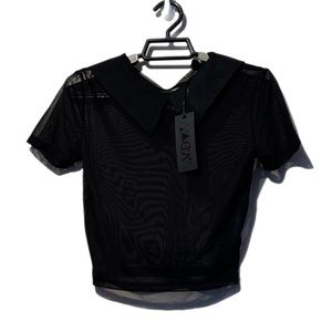Widow Sheer Insanity Mesh Top Sz XS Black Crop Stretch Collar Short Sleeve NWT